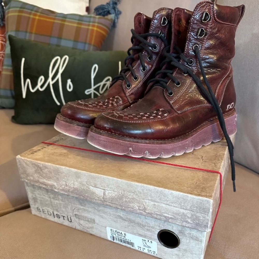 BED STU Boots RARE MERLOT ELISHA II Leather Moto Red Burgundy Black Size 7.5 - Picture 12 of 14